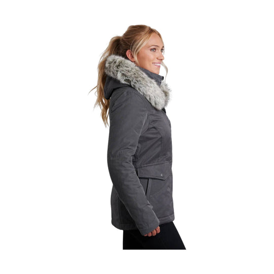 Gray hooded winter jacket with faux fur trim