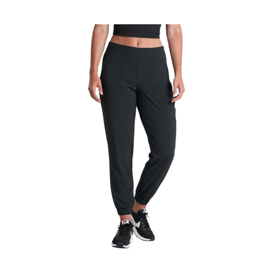 Black jogger pants with elastic cuffs and a high waistband, shown on a model.