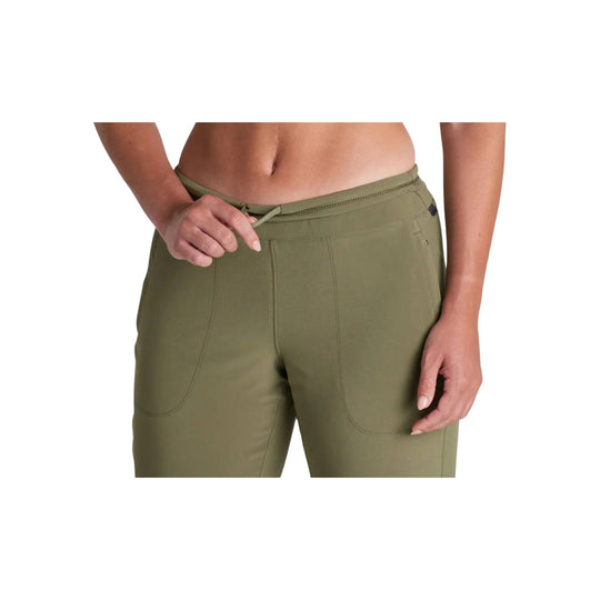 Olive high-waisted lined jogger pants with a drawstring waistband and front seam details