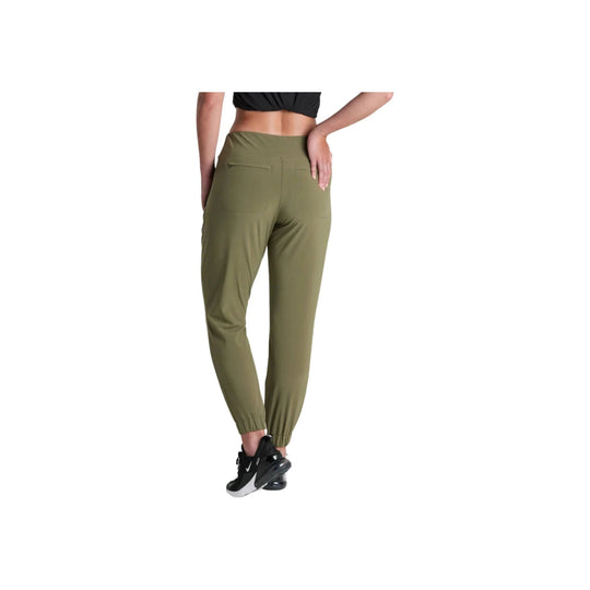 Olive jogger pants with elastic cuffs and zip back pockets, shown from the back