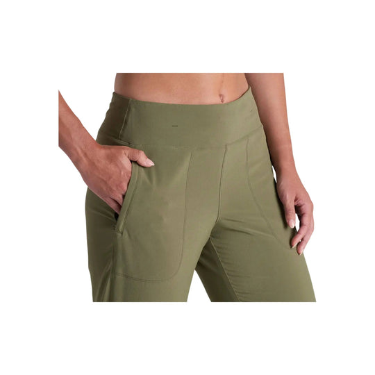 Olive green high-waisted jogger pants with a wide waistband and side pockets