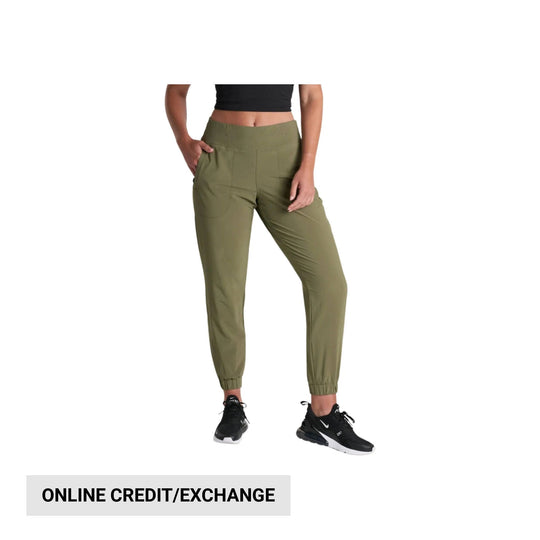 Olive high-waisted jogger pants with tapered legs and elastic cuffs