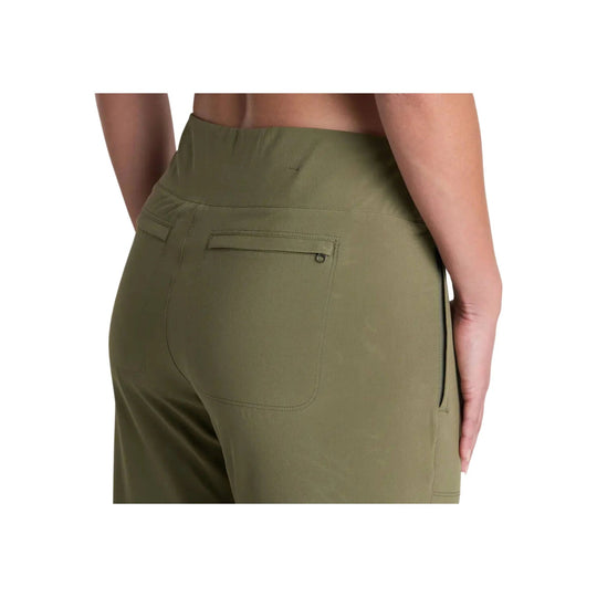 Olive green high-waisted lined jogger pants shown from the back with rear pockets