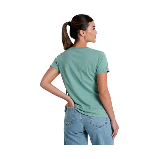 Teal short-sleeve T-shirt shown from the back on a model wearing light blue jeans