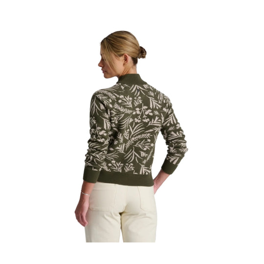 Olive green patterned sweater shown from the back, with ribbed trim and long sleeves