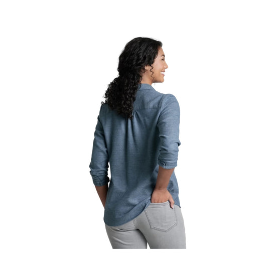 Blue long-sleeve flannel shirt shown from the back