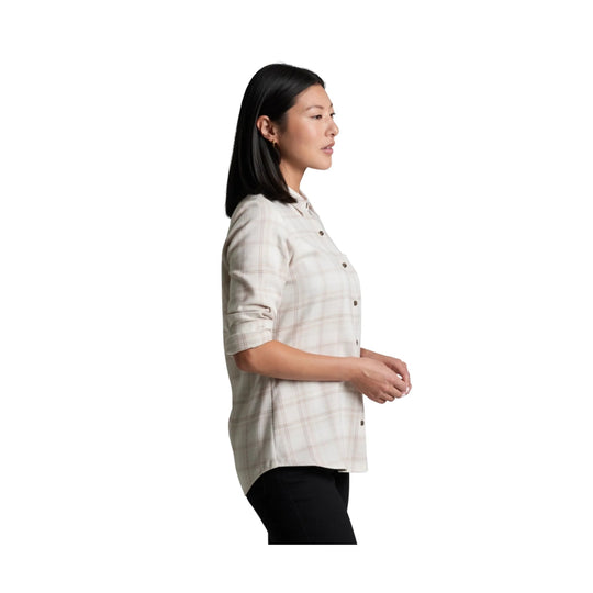 Light plaid long-sleeve button-up flannel shirt shown in side profile on a model