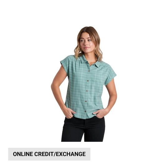 Teal short-sleeve button-up shirt with a white grid pattern