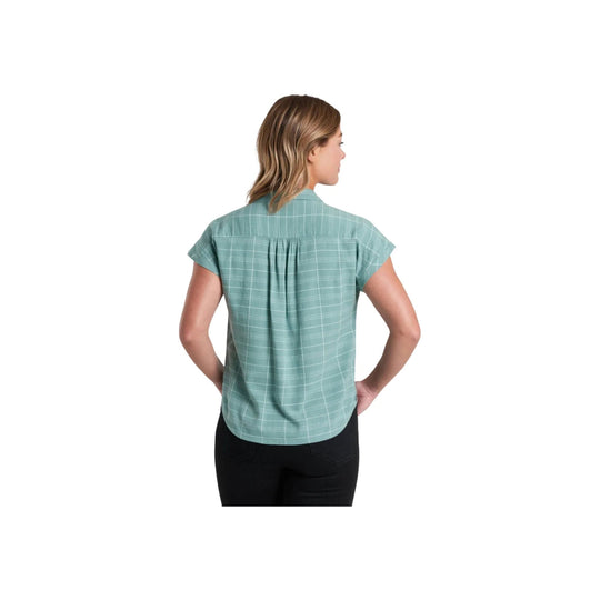 Teal plaid short-sleeve blouse shown from the back