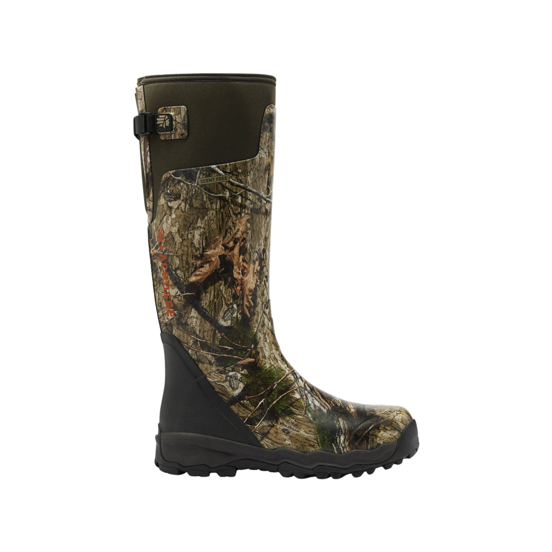 Tall camouflage rubber hunting boot with black lower shaft and sole