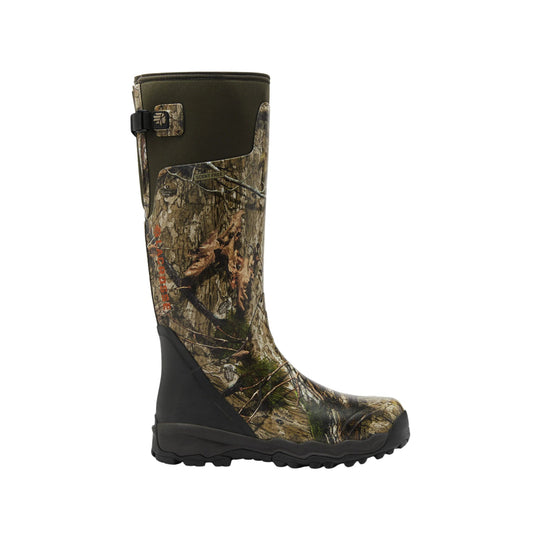Tall camouflage rubber hunting boot with black lower shaft and sole