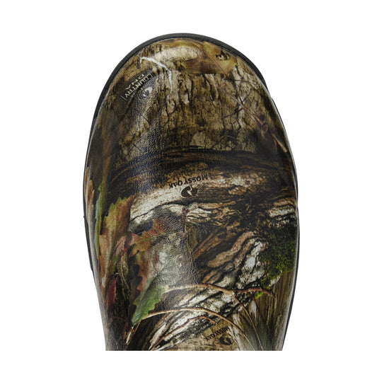 Camouflage knee-high rubber boot with a rounded toe