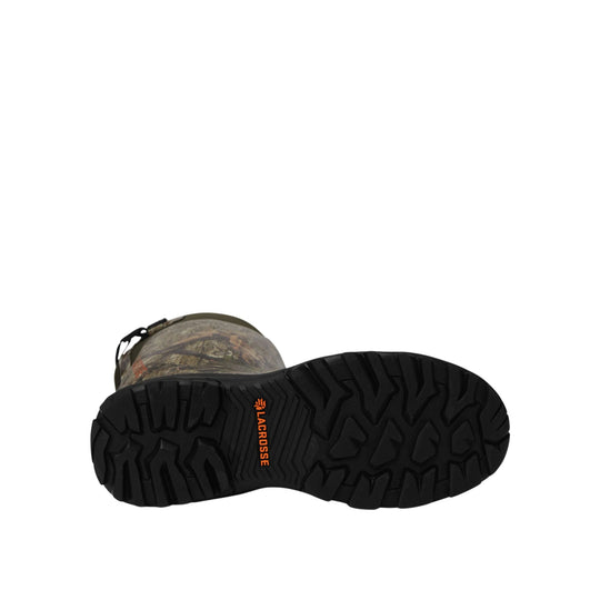 Camo knee-high boot shown from the sole, with black tread and orange LACROSSE text