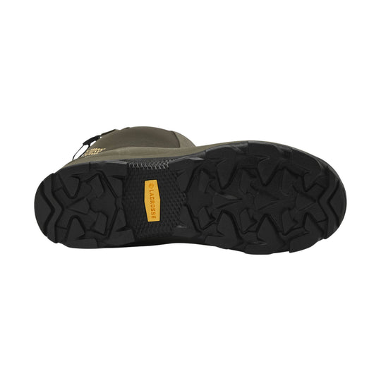 Olive-and-black boot outsole with deep traction lugs and a visible LACROSSE logo.