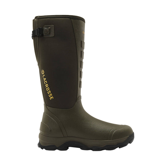 Olive knee-high rubber boot with black outsole and side buckle strap