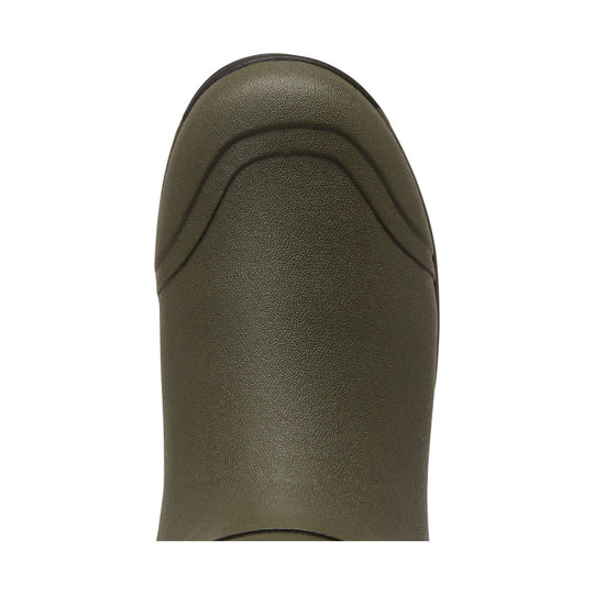 Olive green rubber boot toe with textured surface and stitched raised panels