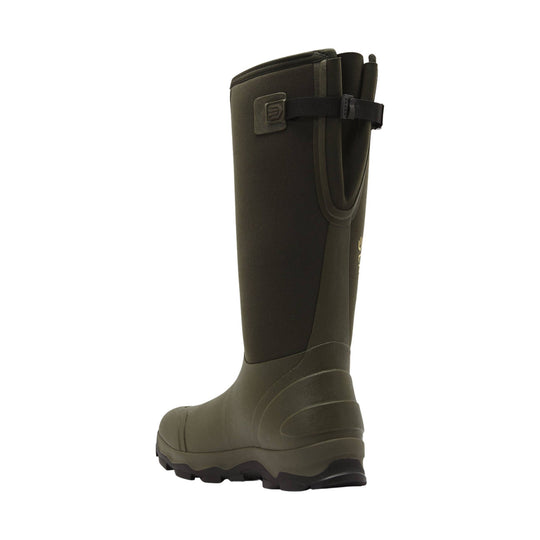 Tall olive and dark brown rubber boot with a side strap and rugged tread
