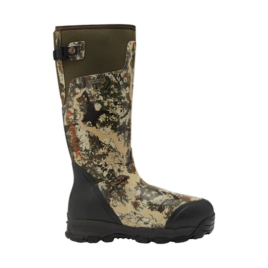 Camo knee-high insulated rubber boot with black toe and heel, pull strap, and SCENT FREE label.