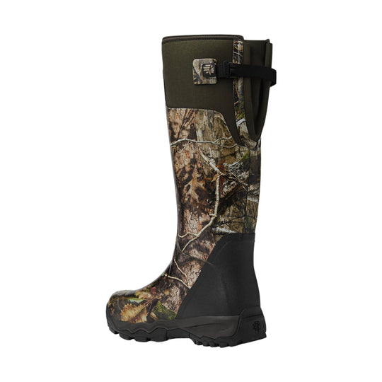 Tall camouflage rubber hunting boot with black trim and pull strap
