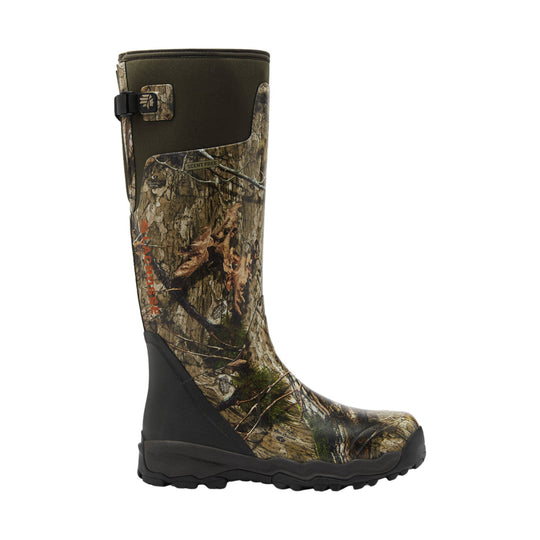 Mossy camouflage knee-high rubber hunting boot with black sole and pull strap