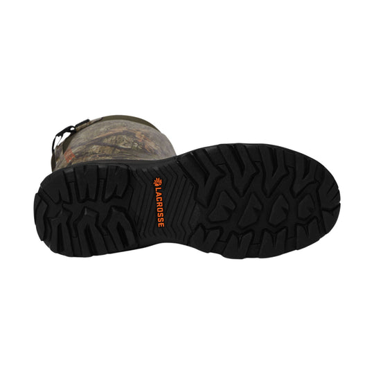 Mossy camo rubber boot shown from the sole, with black tread and LACROSSE branding