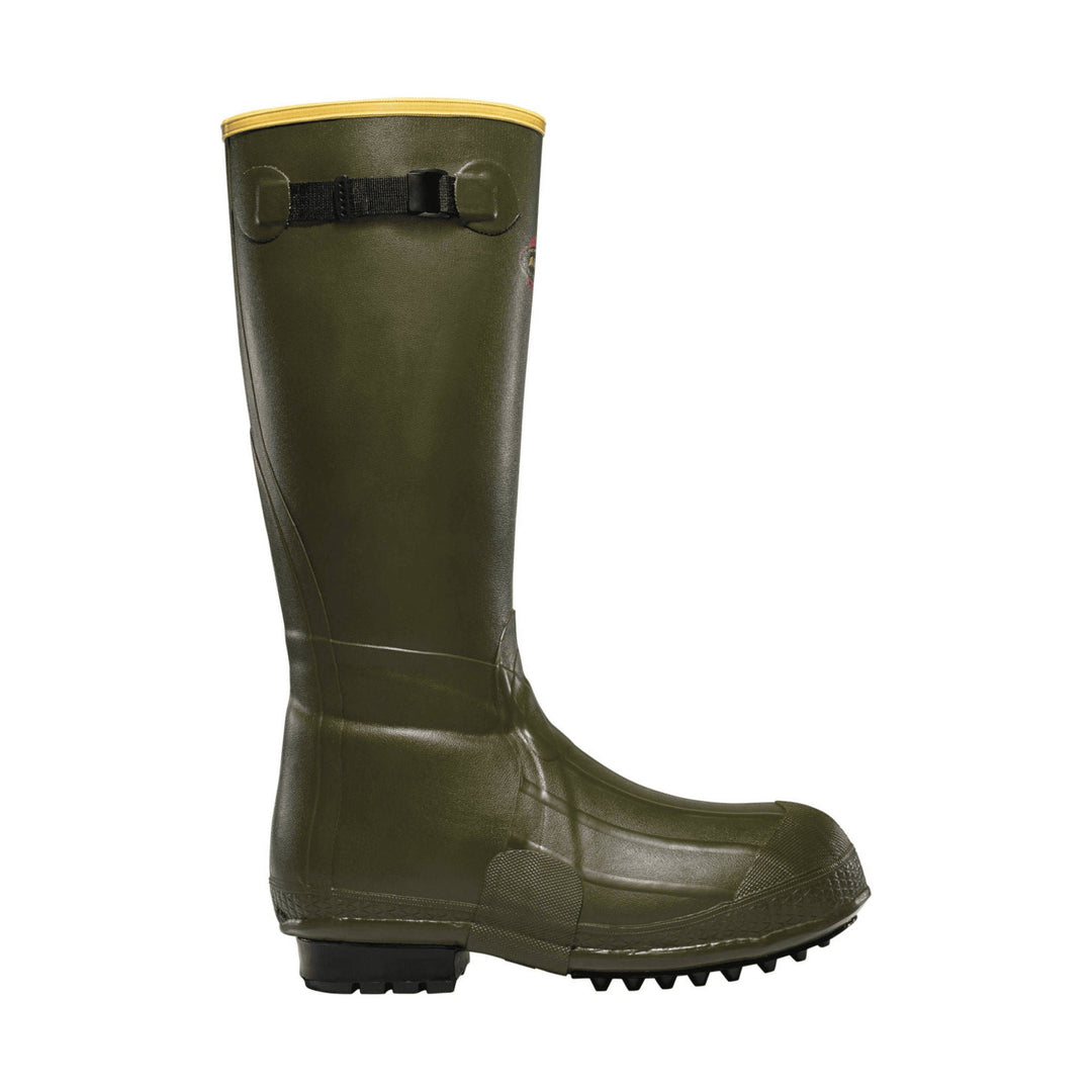 Tall olive green insulated rubber boot with black strap detail and a yellow top rim