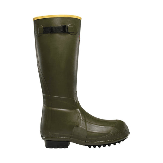 Tall olive green insulated rubber boot with black strap detail and a yellow top rim