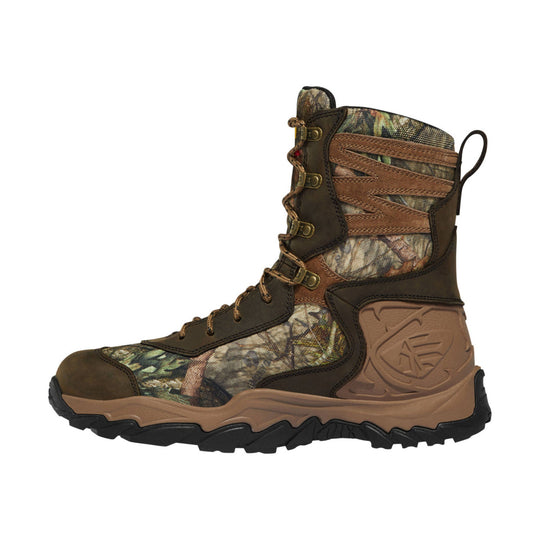 Camouflage insulated lace-up boot with brown leather trim and black tread sole