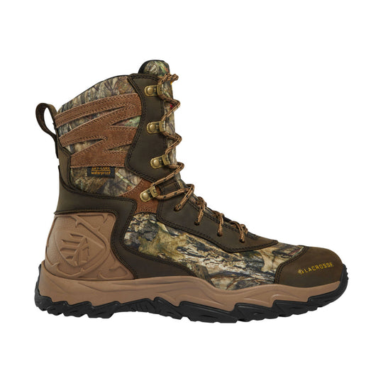 Camouflage insulated lace-up hunting boot with brown leather panels and black sole