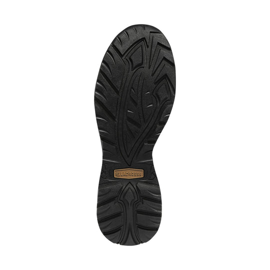 Black boot sole with deep tread pattern and a small LACROSSE label