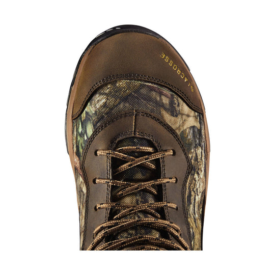Brown and camouflage insulated lace-up boot with black toe cap, shown from above