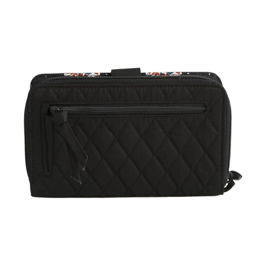 Black quilted zip wallet with a front zipper pocket and wrist strap