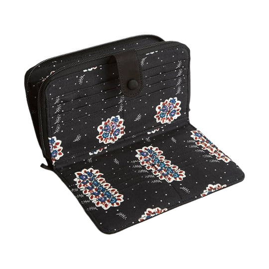 Black zip-around wallet with floral print and multiple card slots, shown open