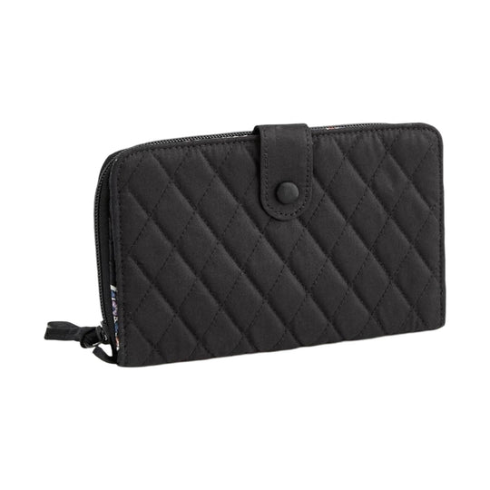 Black quilted zip-around wallet with a snap tab closure