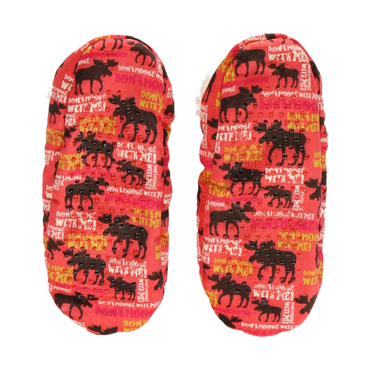 Red fuzzy moose-print slippers with white text