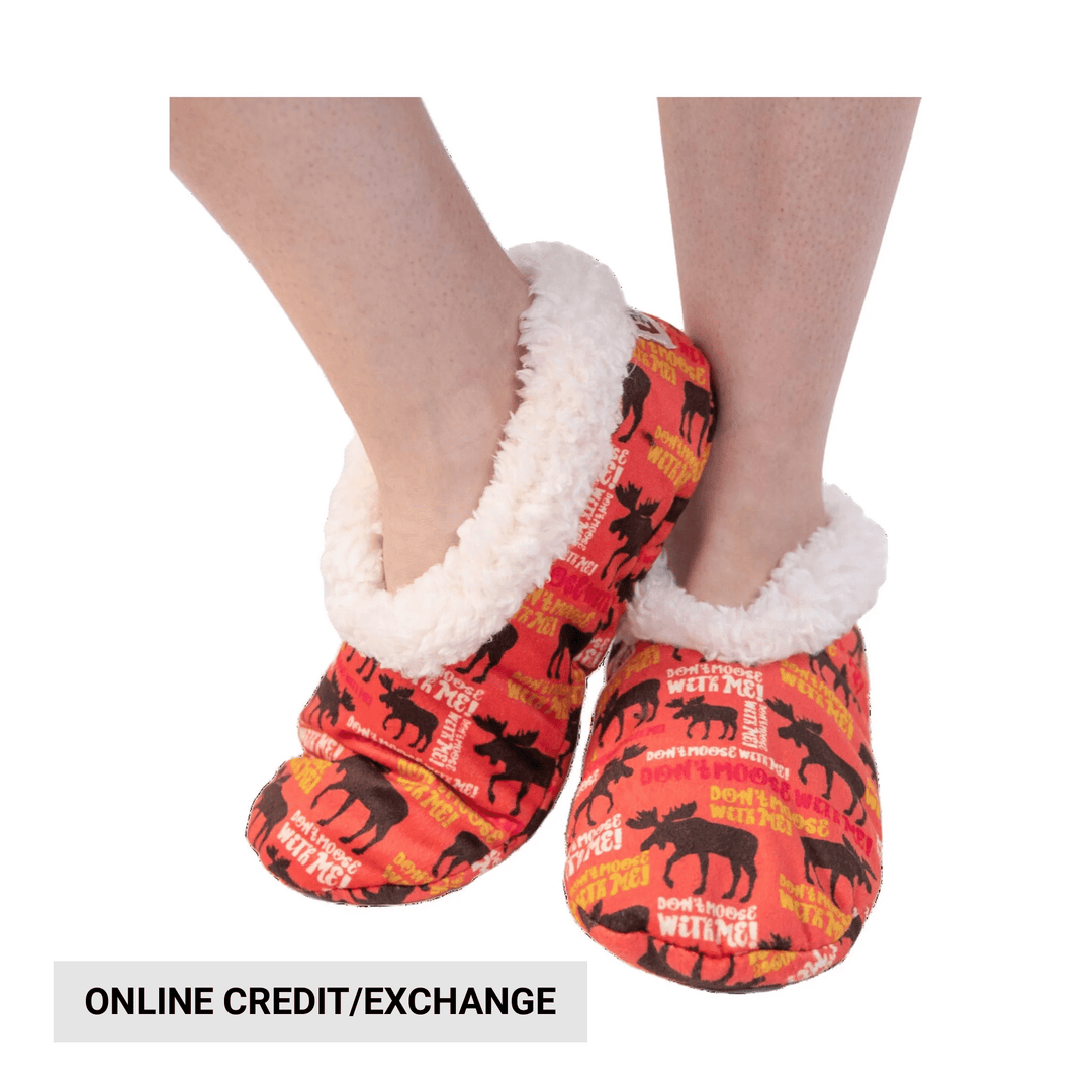 Red moose-print fuzzy slippers with white faux-fur cuffs