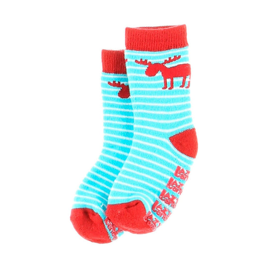 Blue-and-white striped infant socks with red cuffs, toes, and moose pattern