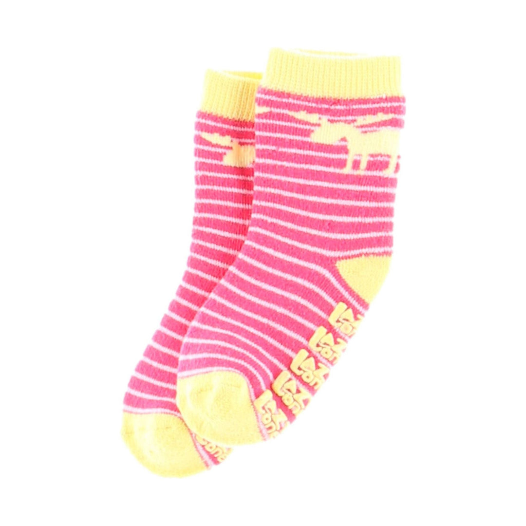Pink and white striped infant socks with yellow cuffs, toes, and heels