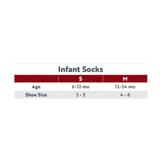 Infant socks size chart showing S and M sizes with age and shoe size ranges
