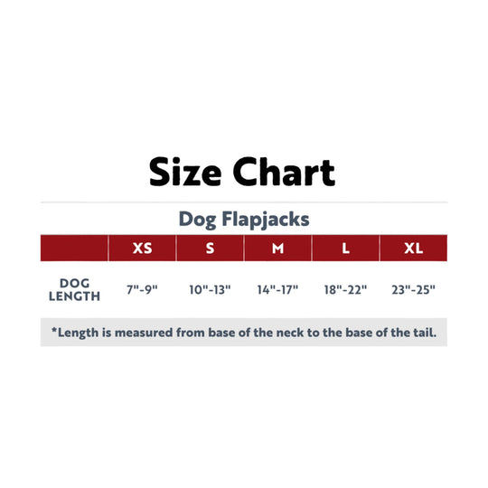 Dog Flapjacks size chart showing XS to XL dog length measurements