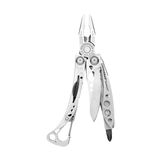 Silver folding multitool with pliers, knife blade, and pocket clip, shown open on a white background