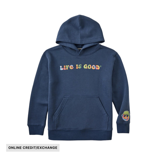 Navy pullover hoodie with multicolor “Life Is Good” text and a smiley patch on the sleeve