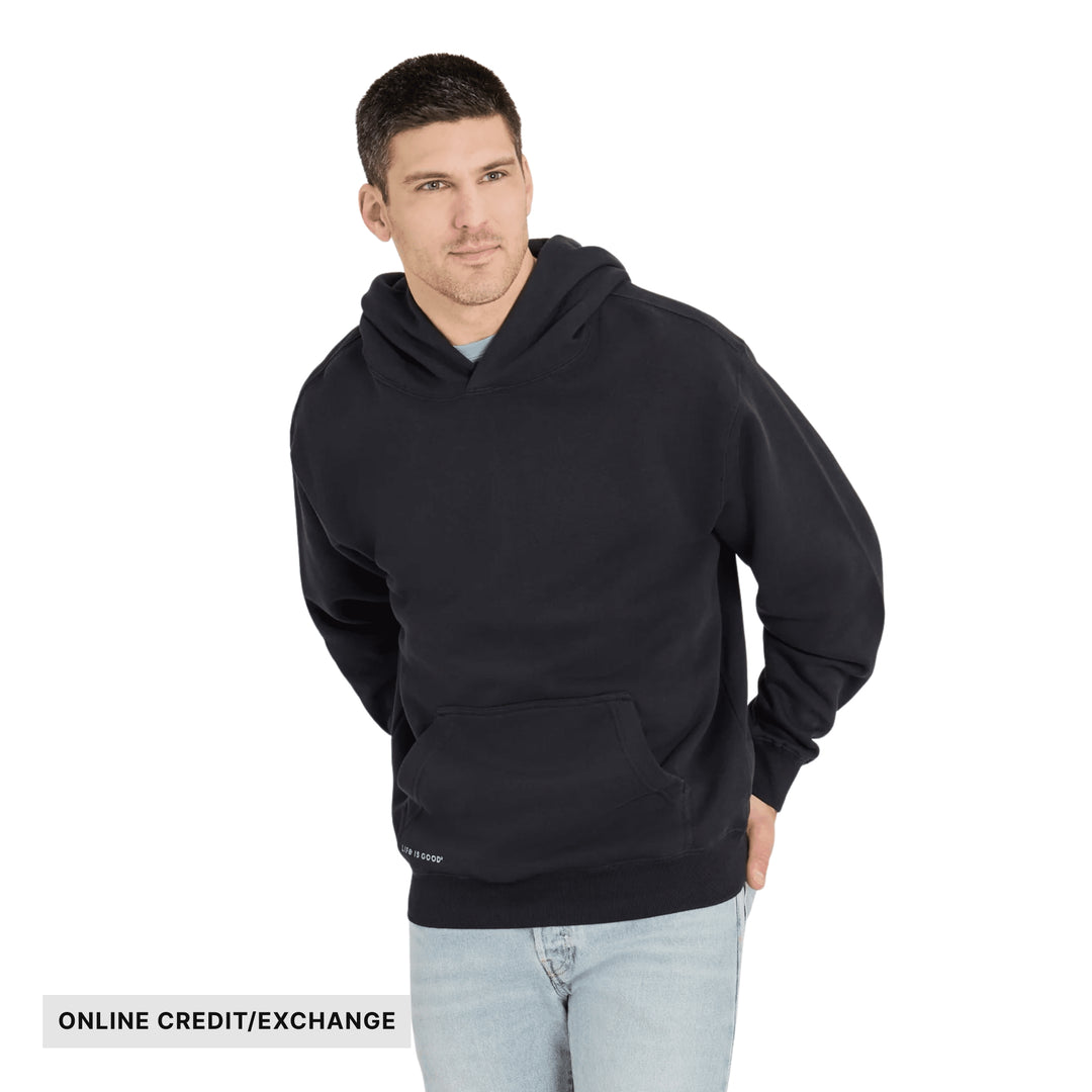 Black pullover hoodie with front kangaroo pocket and hood, worn with light jeans; text reads ONLINE CREDIT/EXCHANGE