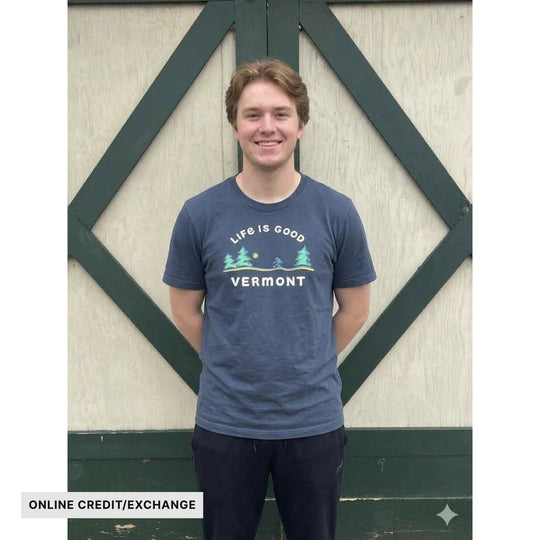 Dark blue T-shirt with a "Life is Good Vermont" graphic