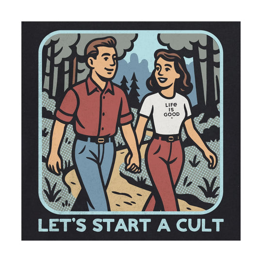 Faded black graphic T-shirt with a cartoon couple walking in a forest and the text "LET'S START A CULT"