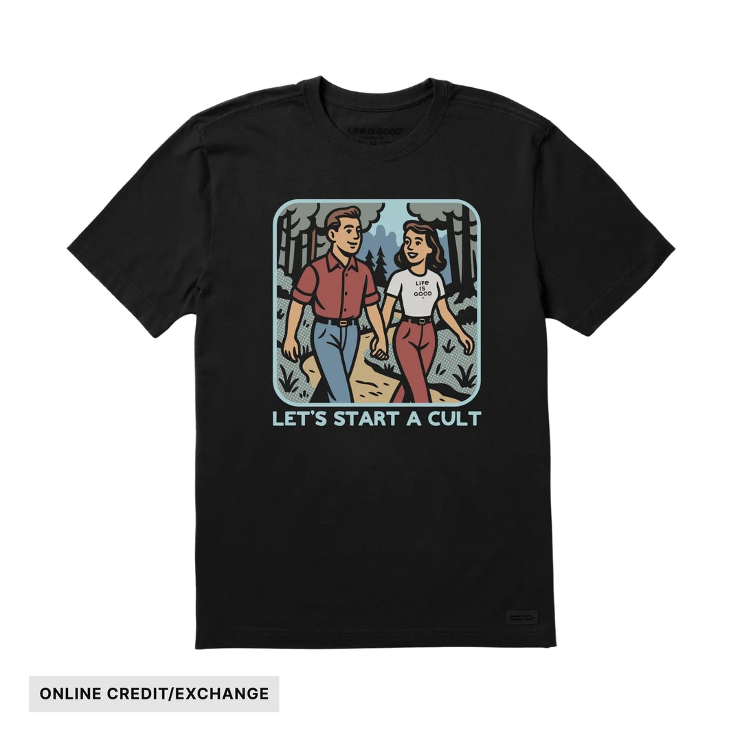 Black T-shirt with a cartoon couple graphic and the text “LET’S START A CULT”