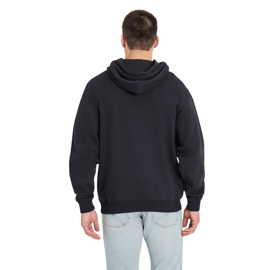 Black pullover hoodie shown from the back with a hood and ribbed cuffs and hem.