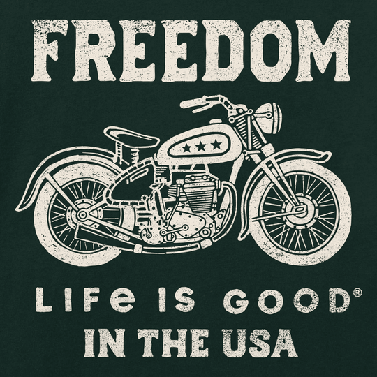 Graphic T-shirt print with a vintage motorcycle and distressed “Freedom” and “Life Is Good in the USA” text.