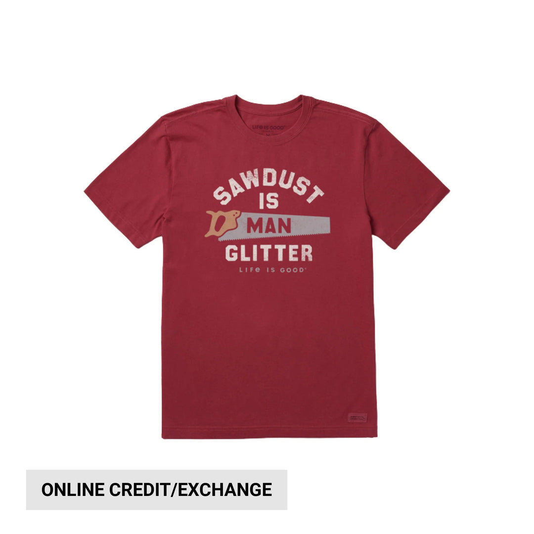Red short-sleeve graphic T-shirt with arched text and a saw graphic on the chest