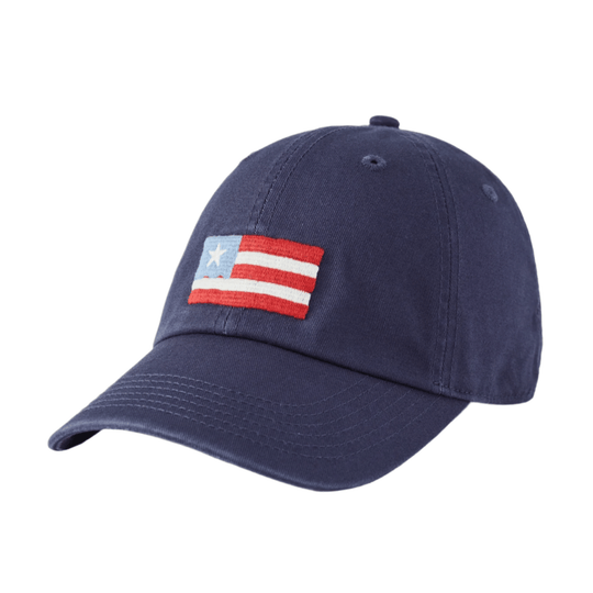 Navy baseball cap with a small embroidered American flag patch